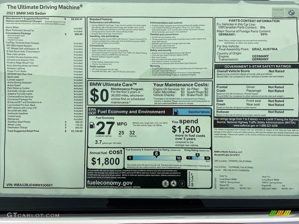 2021 5 Series 540i Sedan - Alpine White / Black photo #25