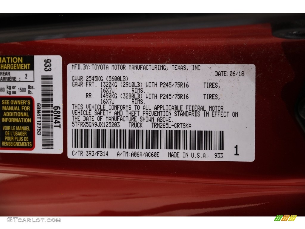 2018 Tacoma Color Code 3R3 for Barcelona Red Metallic Photo #142360884