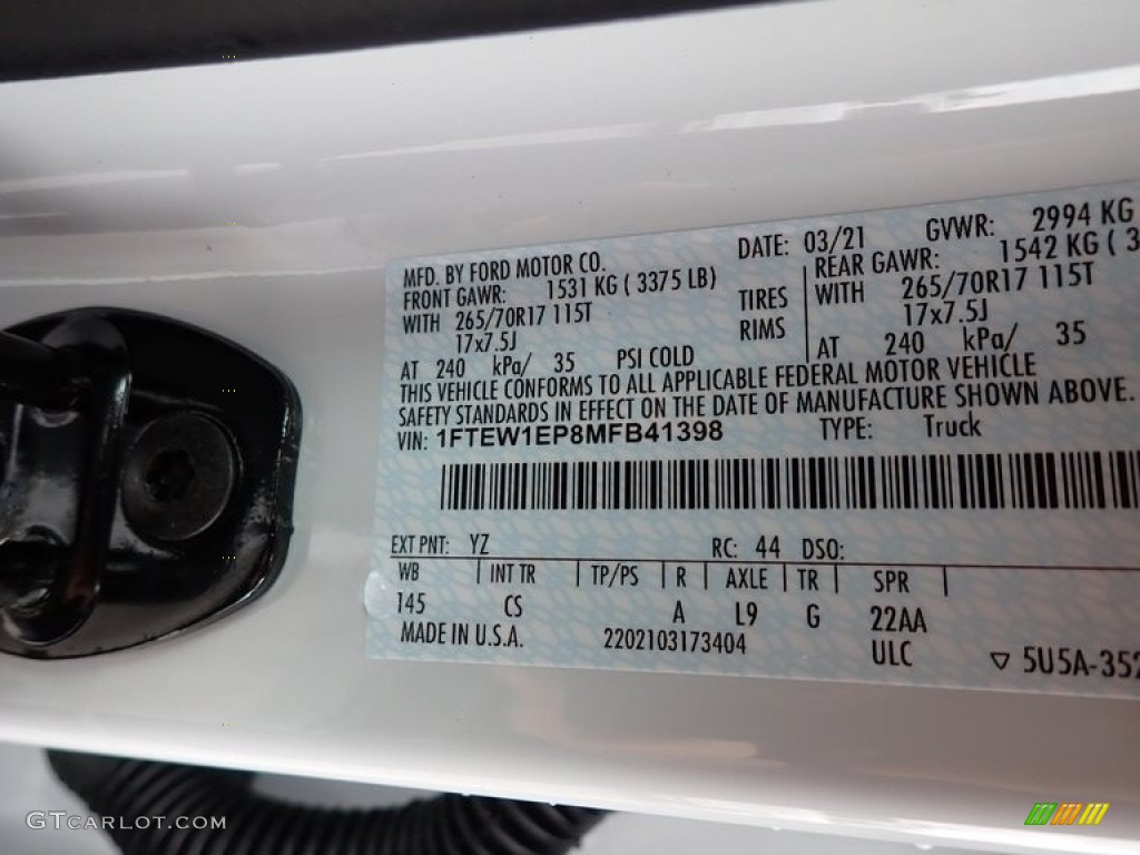 2021 F150 Color Code YZ for Oxford White Photo #142374173