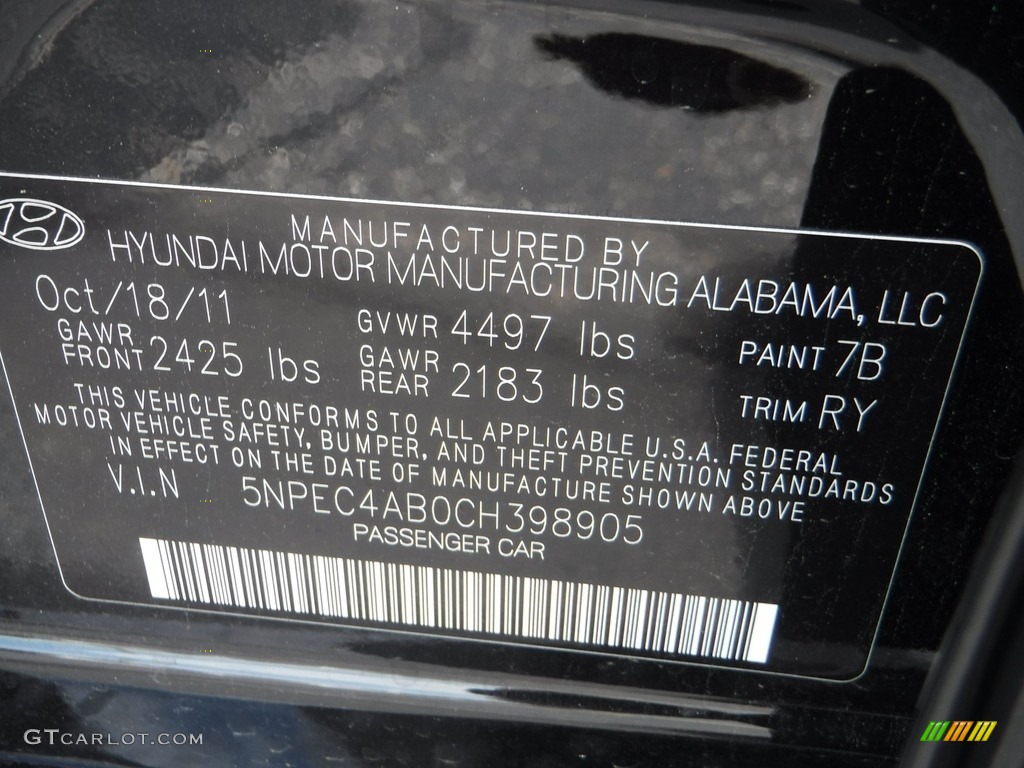 2012 Sonata SE 2.0T - Midnight Black / Gray photo #32