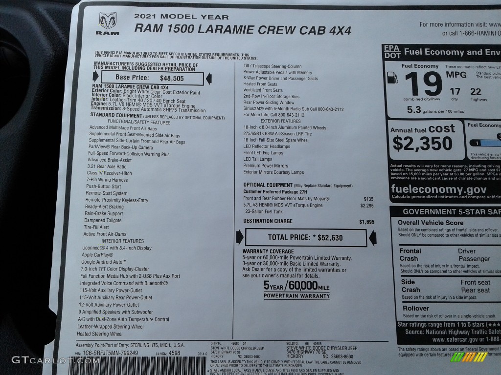 2021 1500 Laramie Crew Cab 4x4 - Bright White / Black photo #29