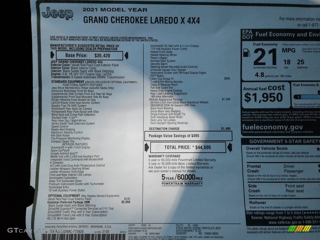 2021 Grand Cherokee Laredo 4x4 - Velvet Red Pearl / Black photo #30