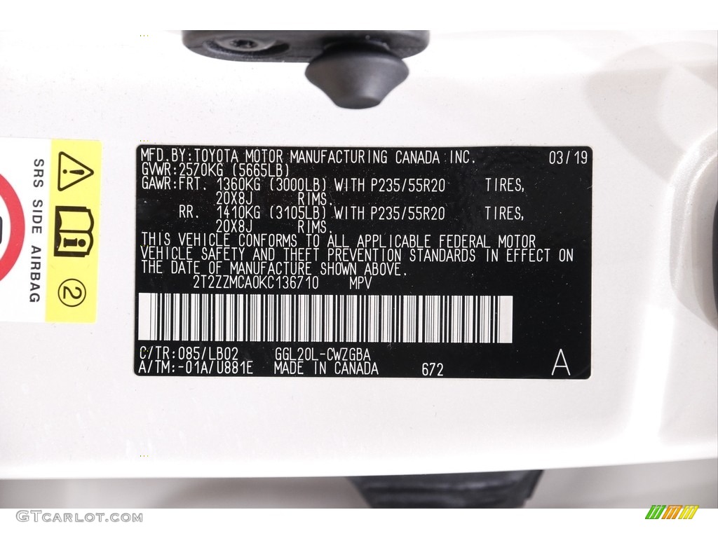 2019 RX Color Code 085 for Eminent White Pearl Photo #142412091