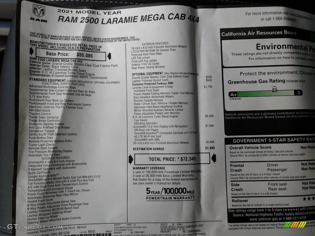 2021 Ram 2500 Laramie Mega Cab 4x4 Window Sticker Photo #142442299