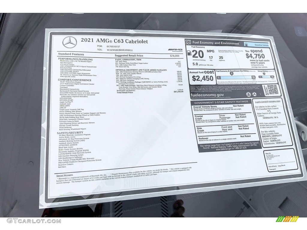 2021 Mercedes-Benz C AMG 63 Cabriolet Window Sticker Photo #142448802