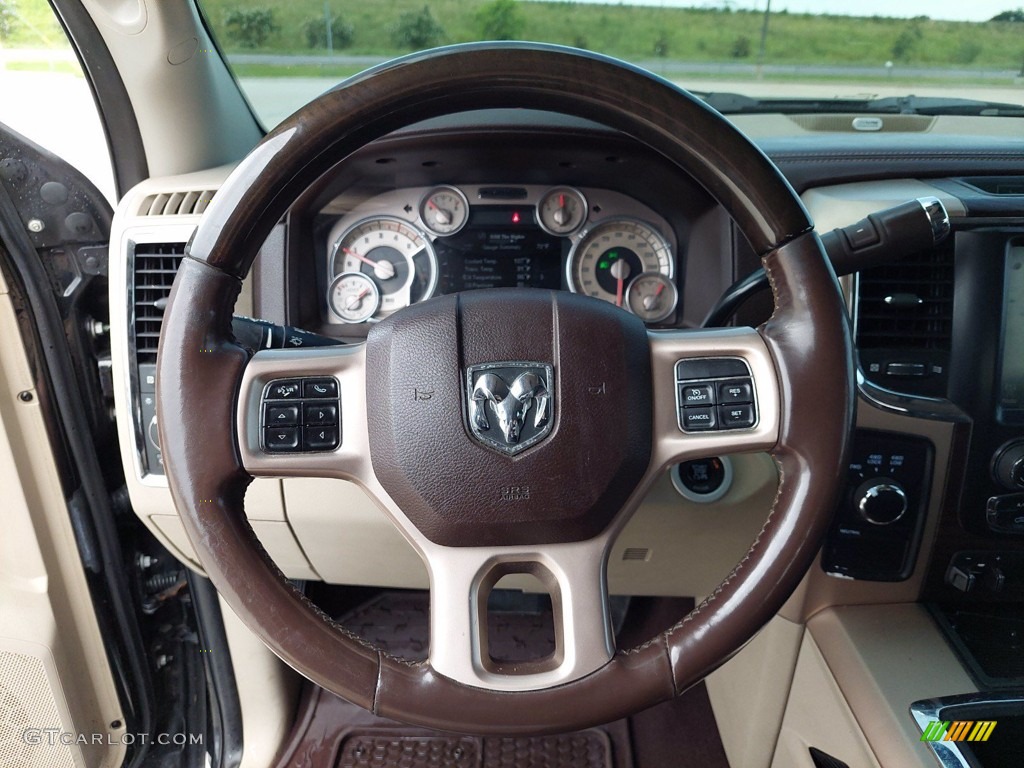 2014 Ram 3500 Laramie Longhorn Mega Cab 4x4 Canyon Brown/Light Frost Beige Steering Wheel Photo #142454573