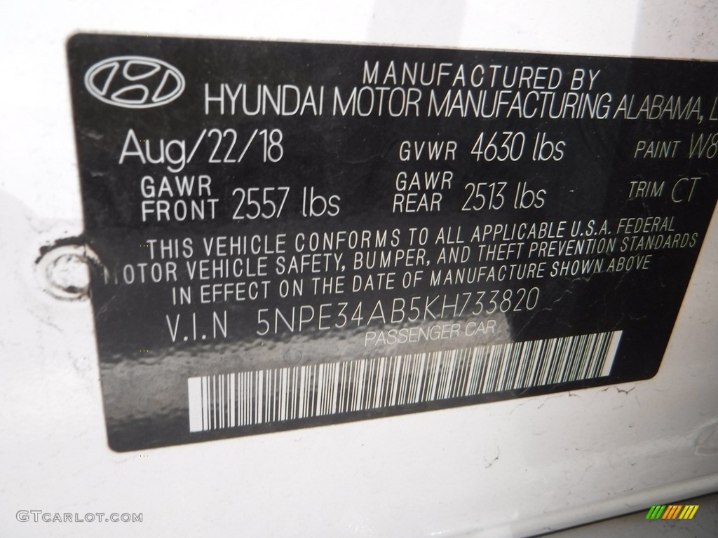 2019 Sonata Color Code W8 for Quartz White Pearl Photo #142456479