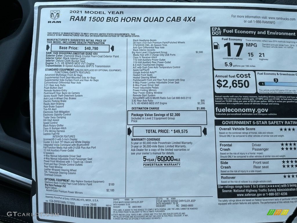 2021 Ram 1500 Big Horn Quad Cab 4x4 Window Sticker Photo #142458230