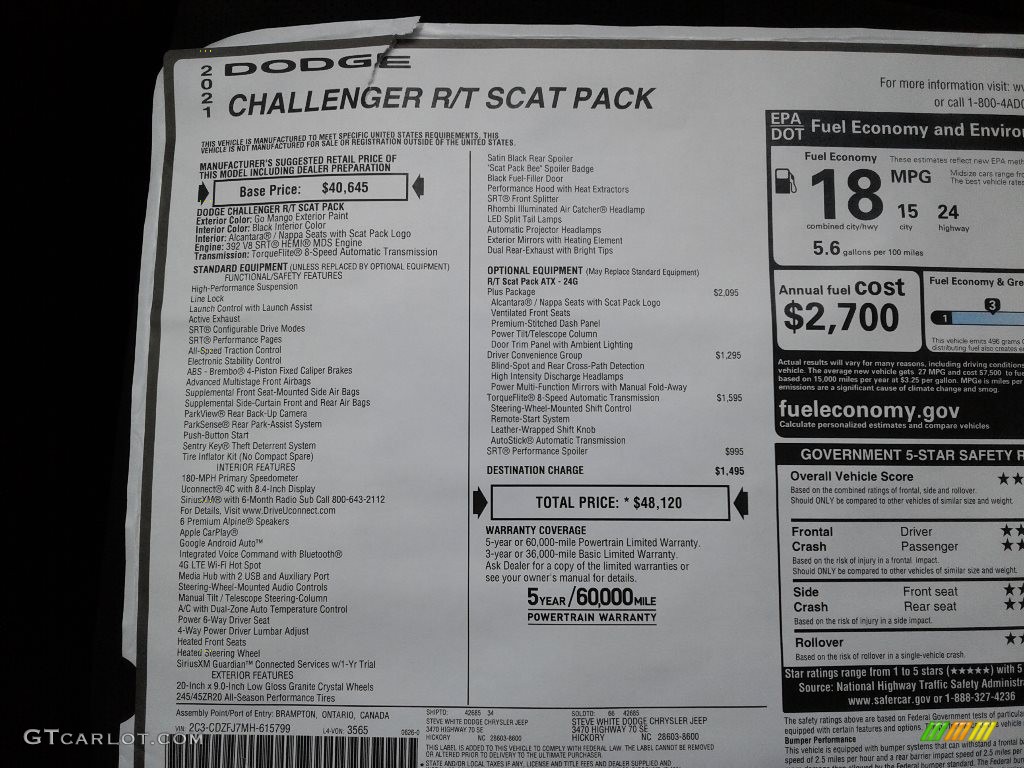 2021 Dodge Challenger R/T Scat Pack Window Sticker Photo #142465772