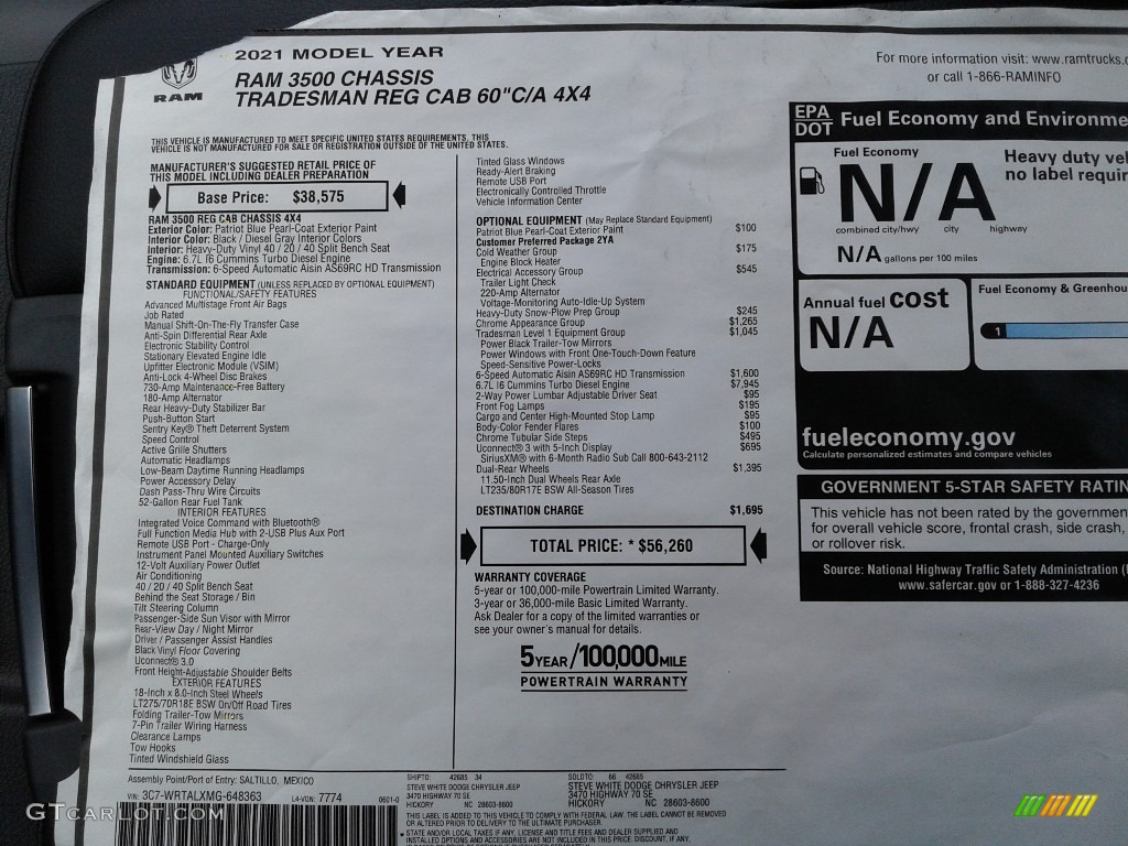 2021 Ram 3500 Tradesman Regular Cab 4x4 Chassis Window Sticker Photo #142477821