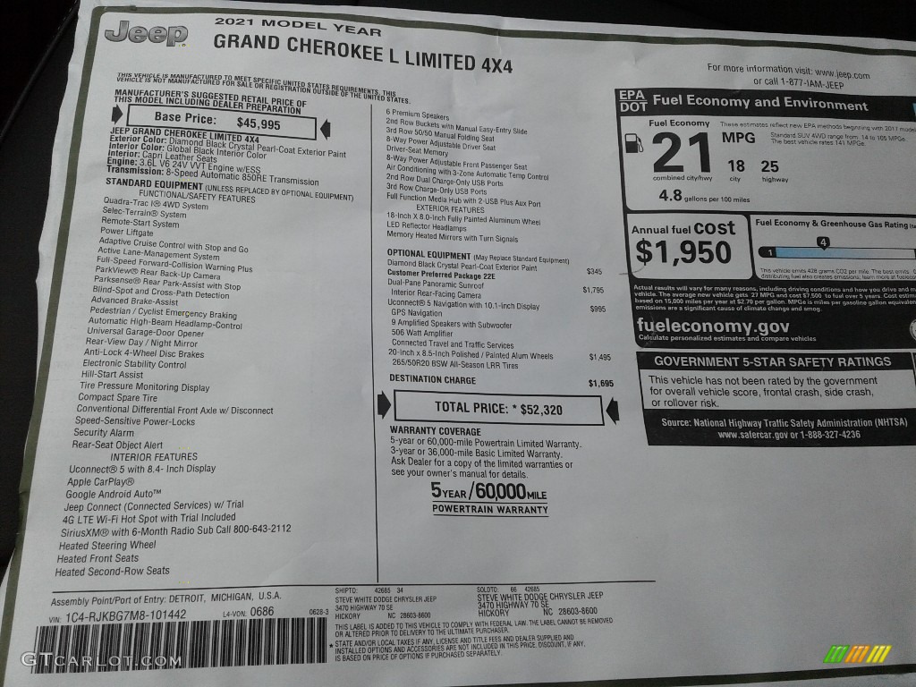 2021 Jeep Grand Cherokee L Limited 4x4 Window Sticker Photo #142489947