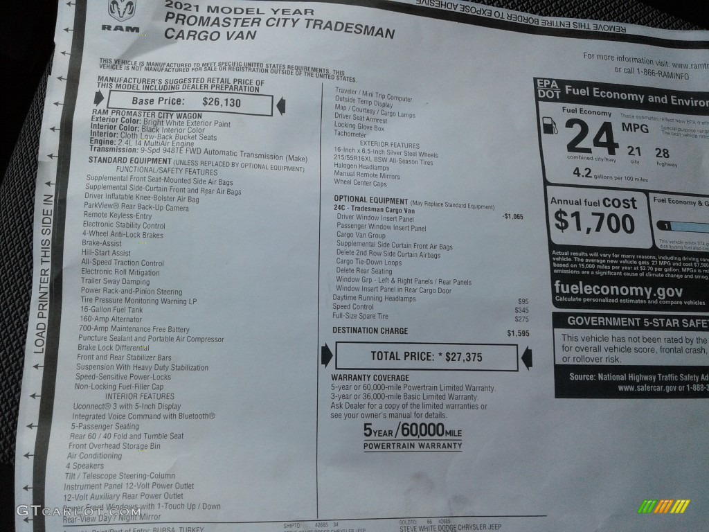 2021 Ram ProMaster City Tradesman Cargo Van Window Sticker Photo #142504896