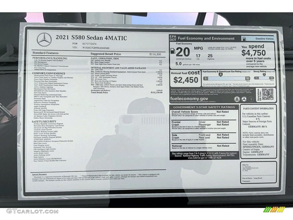 2021 Mercedes-Benz S 580 4Matic Sedan Window Sticker Photo #142513969