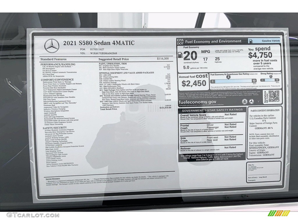 2021 Mercedes-Benz S 580 4Matic Sedan Window Sticker Photo #142514713