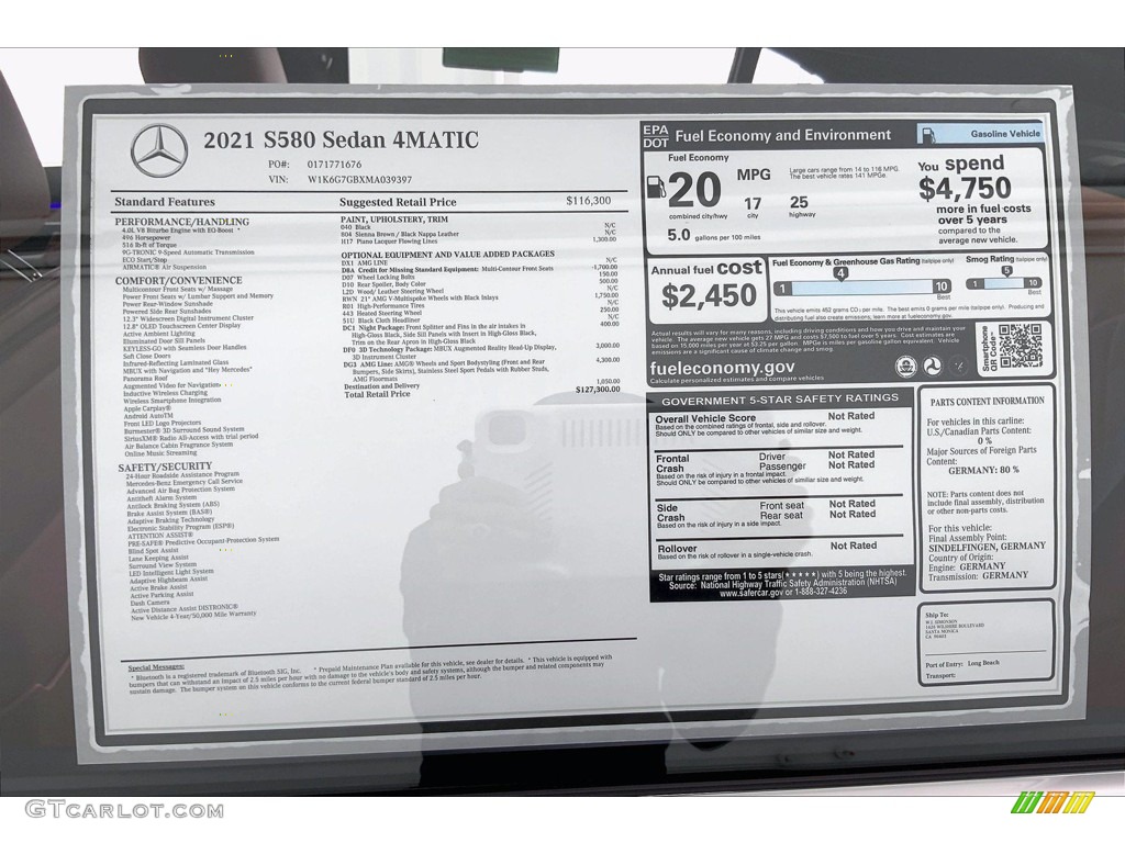 2021 Mercedes-Benz S 580 4Matic Sedan Window Sticker Photo #142515070