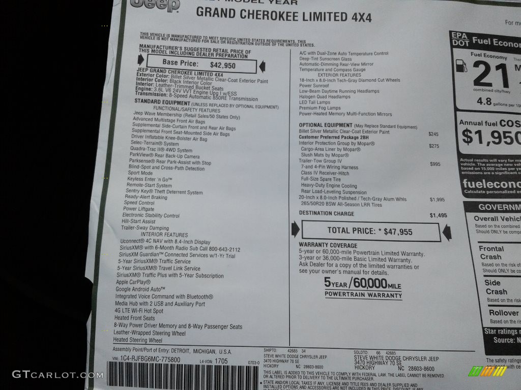 2021 Jeep Grand Cherokee Limited 4x4 Window Sticker Photo #142519634