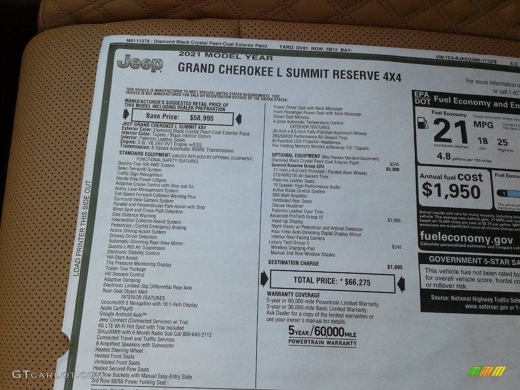2021 Jeep Grand Cherokee L Summit Reserve 4x4 Window Sticker Photo #142520431