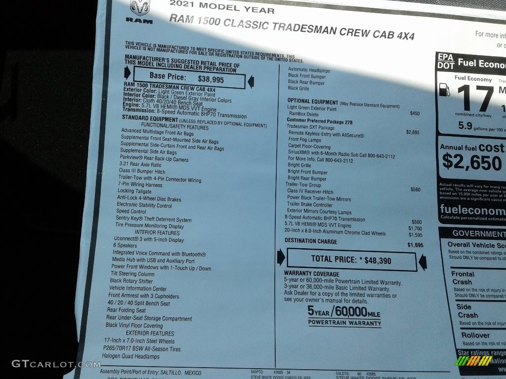 2021 Ram 1500 Classic Crew Cab 4x4 Window Sticker Photo #142522249