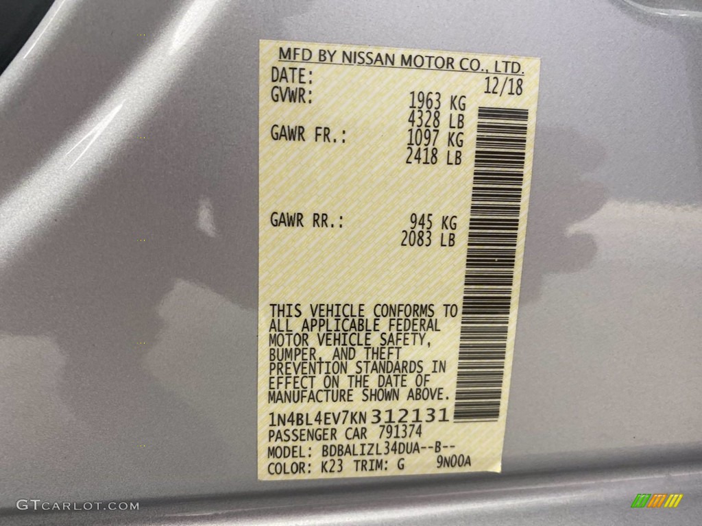 2019 Altima Color Code K23 for Brilliant Silver Metallic Photo #142524565
