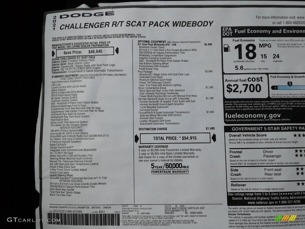 2021 Dodge Challenger R/T Scat Pack Widebody Window Sticker Photo #142540902