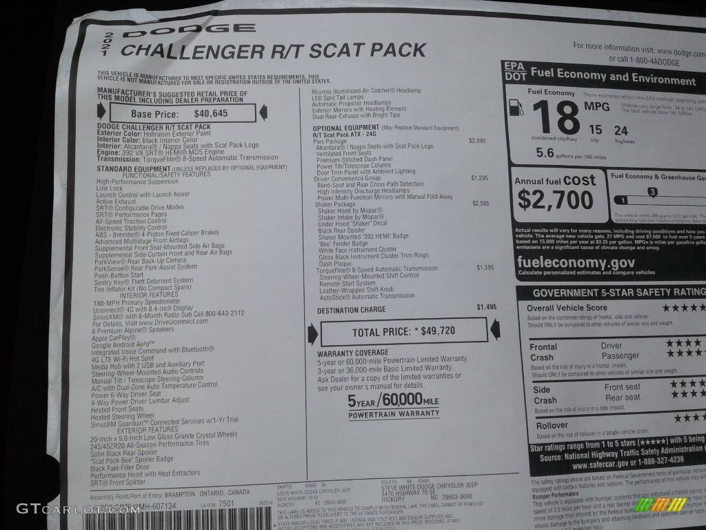 2021 Dodge Challenger R/T Scat Pack Shaker Window Sticker Photo #142541682