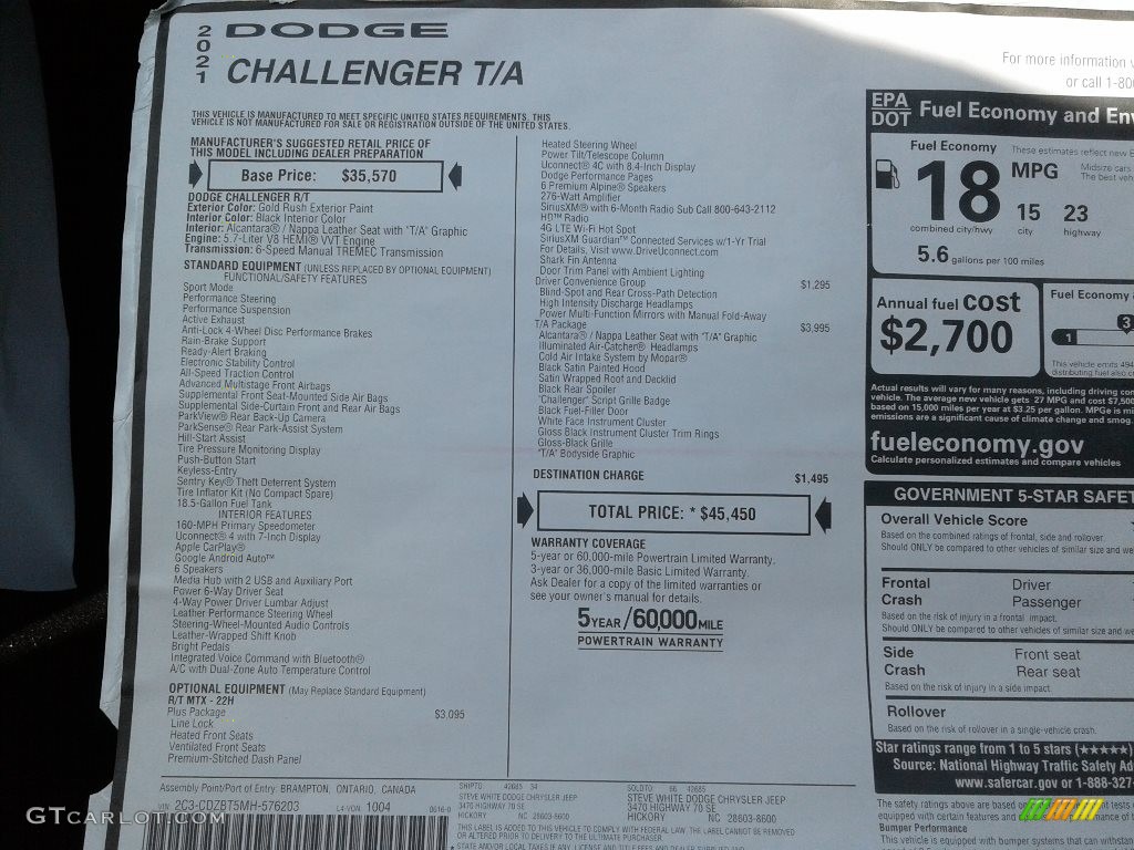 2021 Dodge Challenger T/A Window Sticker Photo #142542465