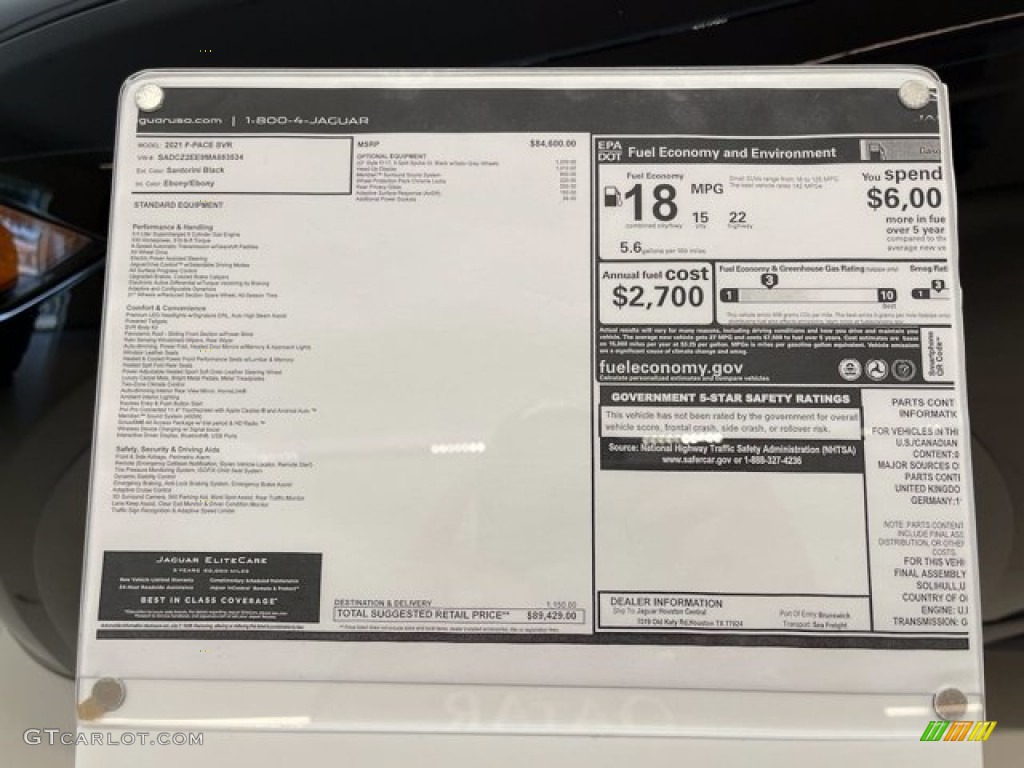 2021 Jaguar F-PACE SVR Window Sticker Photos