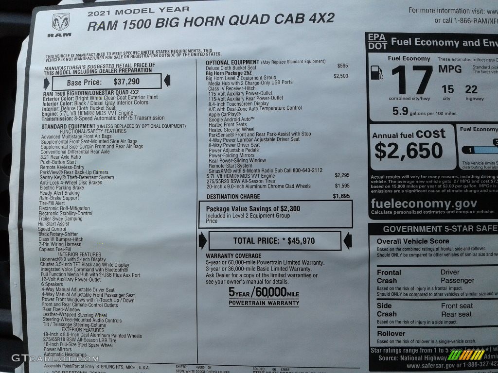 2021 1500 Big Horn Quad Cab 4x4 - Bright White / Diesel Gray/Black photo #31
