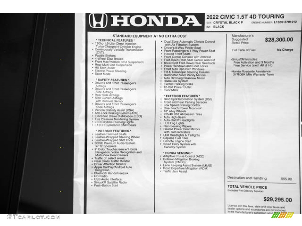 2022 Honda Civic Touring Sedan Window Sticker Photo #142559044