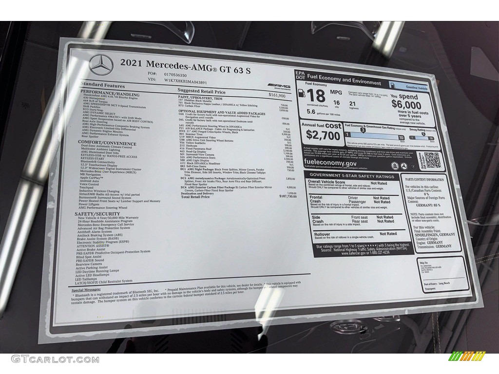 2021 Mercedes-Benz AMG GT 63 S Window Sticker Photo #142562039