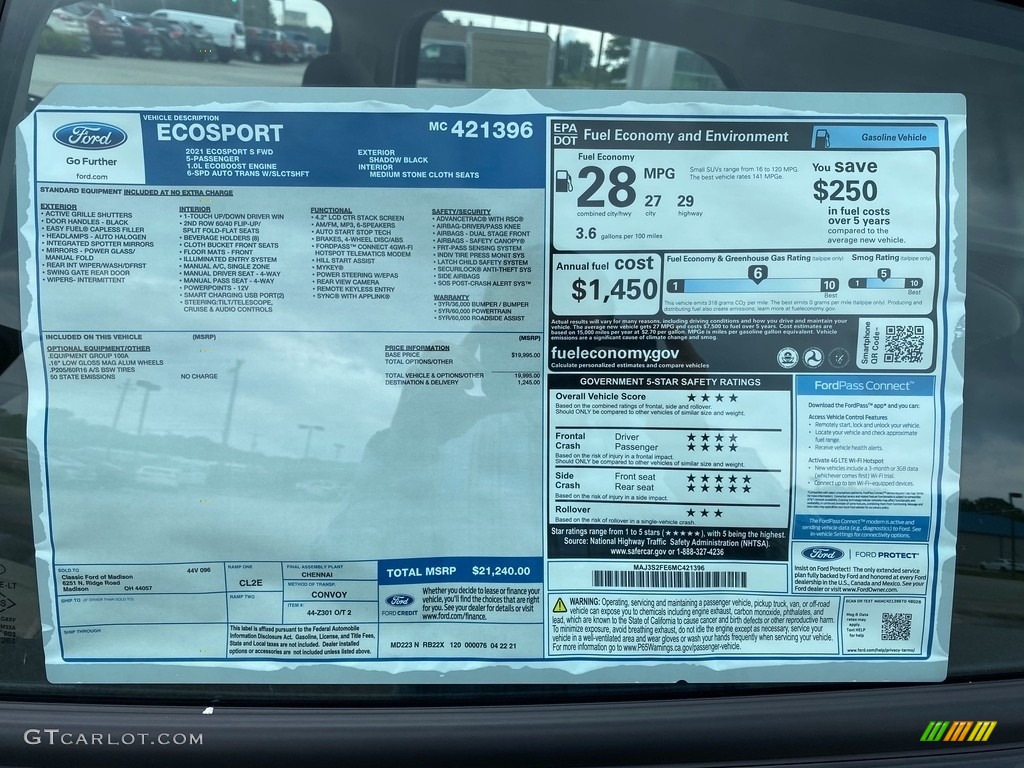2021 Ford EcoSport S Window Sticker Photo #142574991
