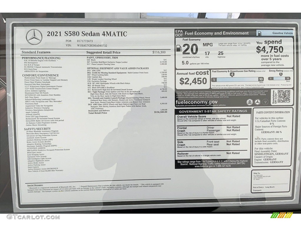 2021 Mercedes-Benz S 580 4Matic Sedan Window Sticker Photo #142577340