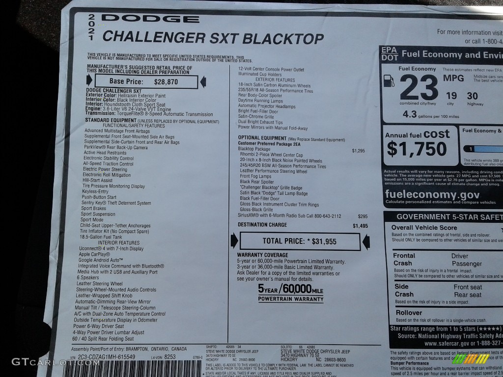 2021 Dodge Challenger SXT Window Sticker Photo #142586185
