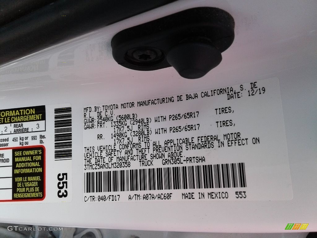 2020 Tacoma Color Code 040 for Super White Photo #142598909