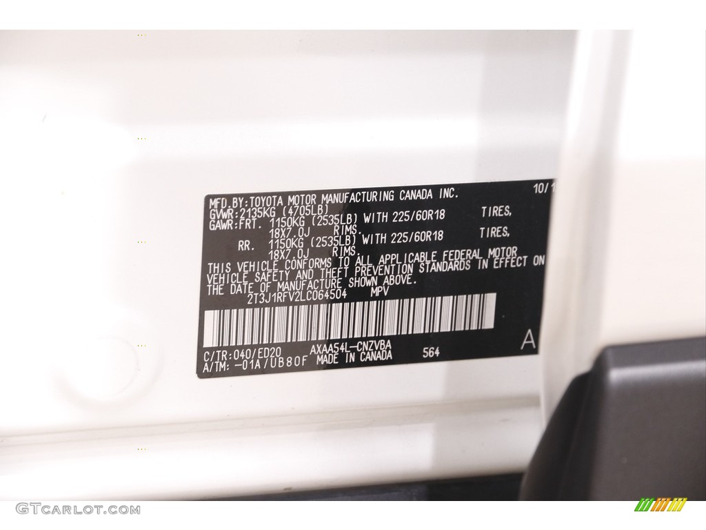 2020 RAV4 Color Code 040 for Super White Photo #142602440