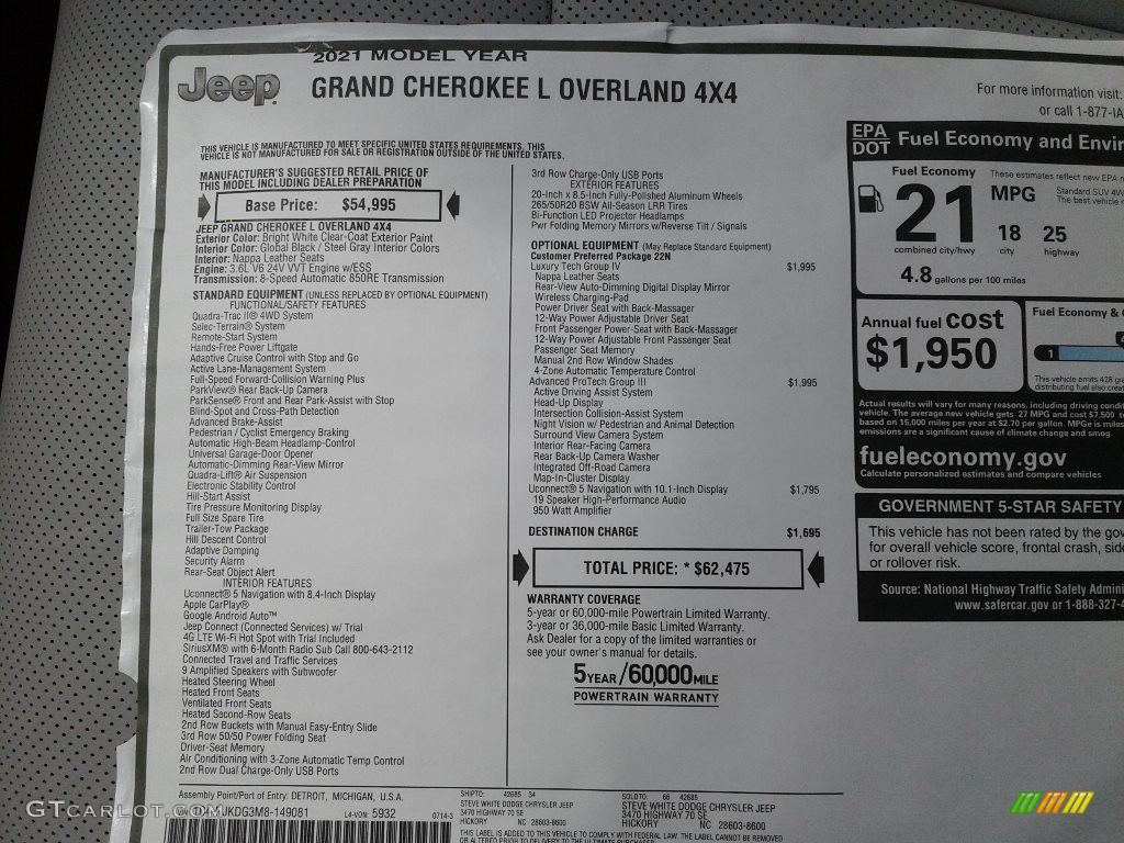 2021 Jeep Grand Cherokee L Overland 4x4 Window Sticker Photo #142605263