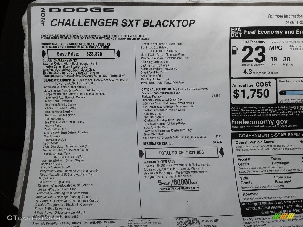 2021 Dodge Challenger SXT Window Sticker Photos