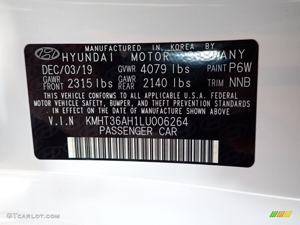 2020 Veloster Color Code P6W for Chalk White Photo #142609625