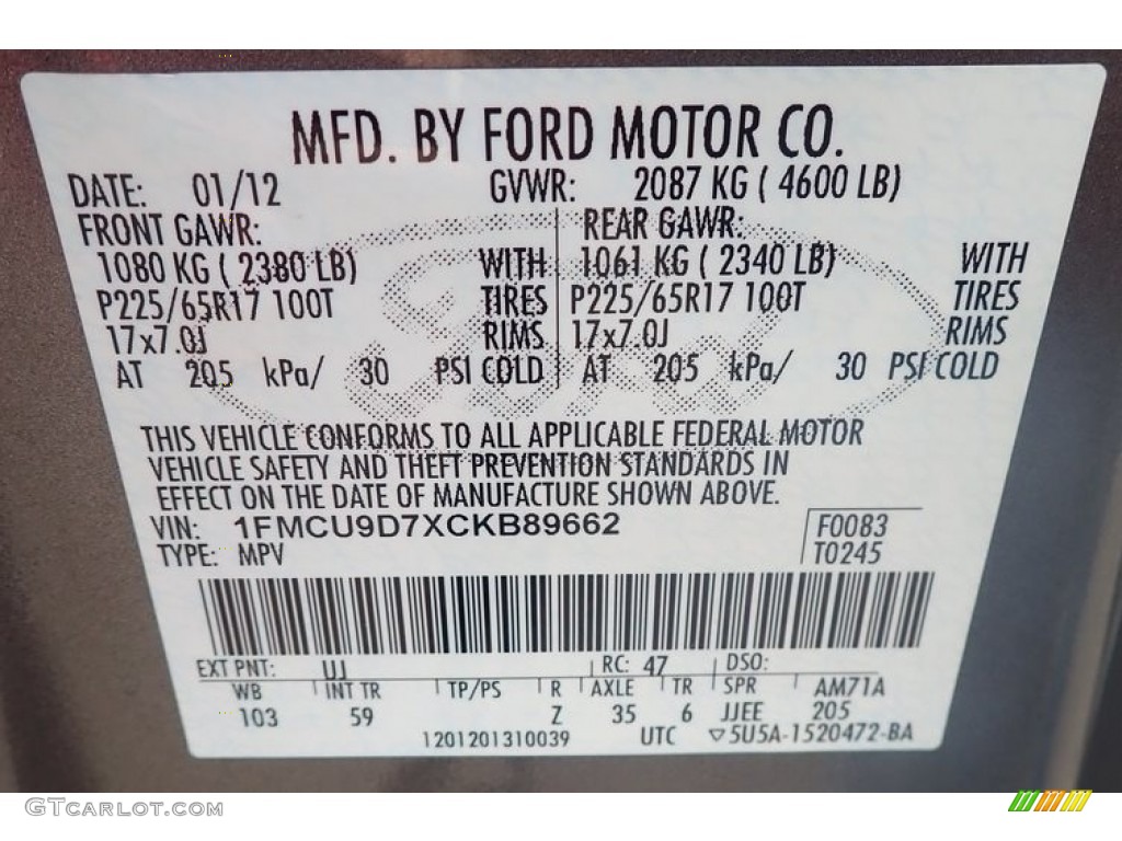 2012 Escape XLT 4WD - Sterling Gray Metallic / Charcoal Black photo #44