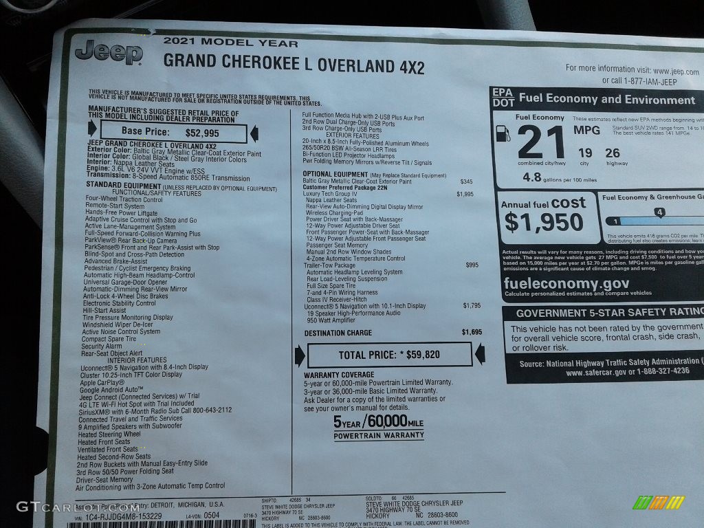 2021 Jeep Grand Cherokee L Overland 4x4 Window Sticker Photos