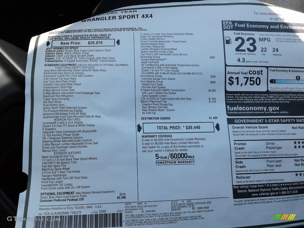 2021 Jeep Wrangler Sport 4x4 Window Sticker Photo #142638566
