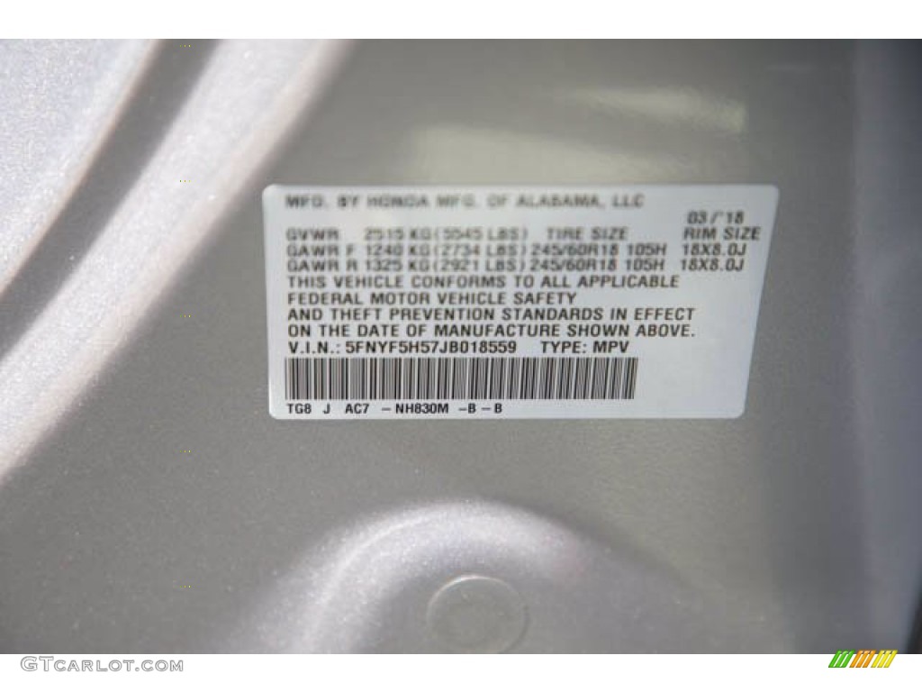 2018 Pilot Color Code NH830M for Lunar Silver Metallic Photo #142639469