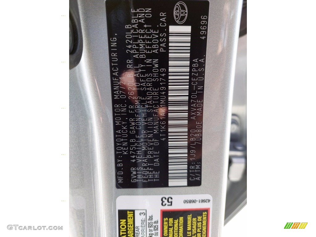 2021 Camry Color Code 1J9 for Celestial Silver Metallic Photo #142640546