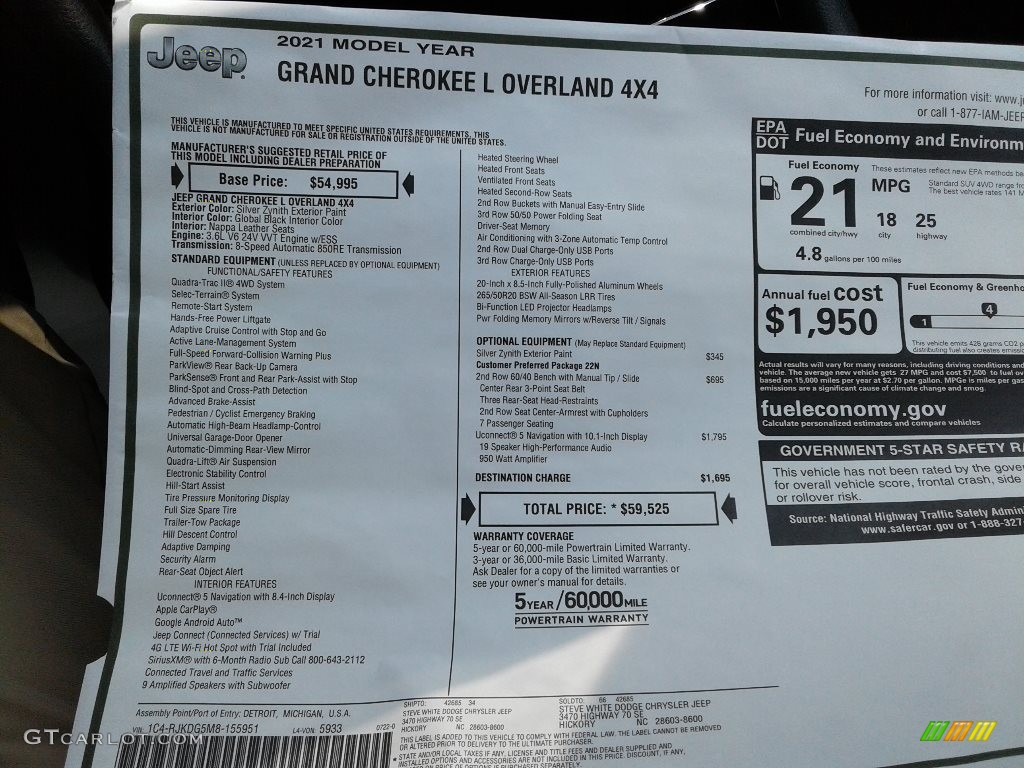 2021 Grand Cherokee L Overland 4x4 - Silver Zynith / Black photo #34