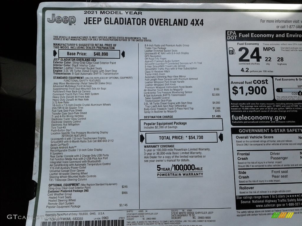 2021 Jeep Gladiator Overland 4x4 Window Sticker Photo #142646482