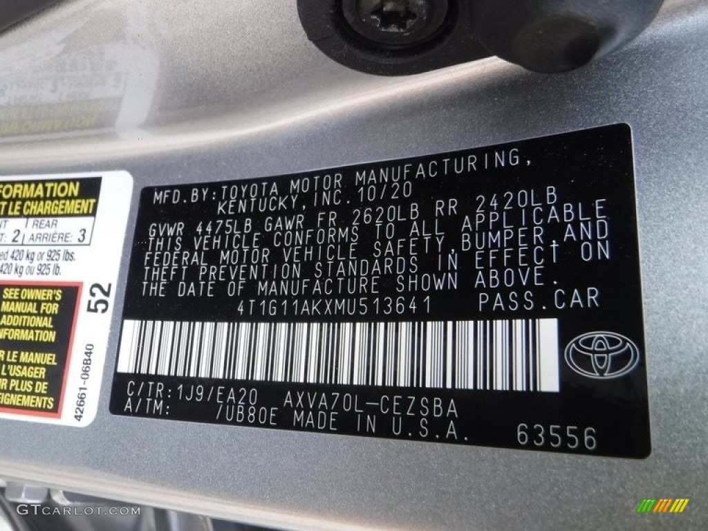 2021 Camry Color Code 1J9 for Celestial Silver Metallic Photo #142653259