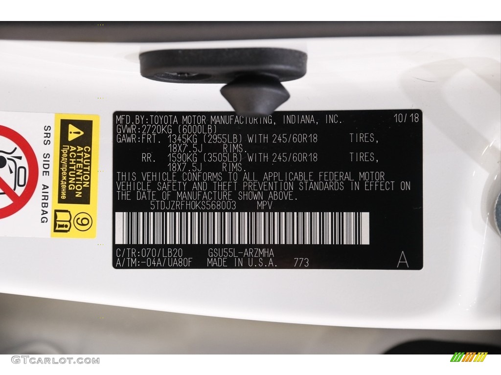 2019 Highlander XLE AWD - Blizzard Pearl White / Black photo #22