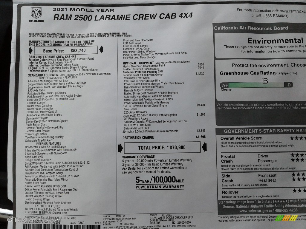 2021 2500 Laramie Crew Cab 4x4 - Hydro Blue Pearl / Black photo #33