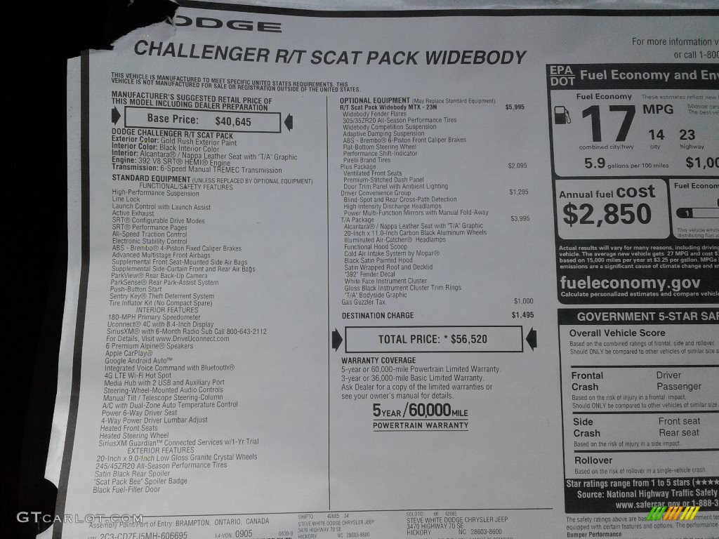 2021 Dodge Challenger R/T Scat Pack Widebody Window Sticker Photo #142690559