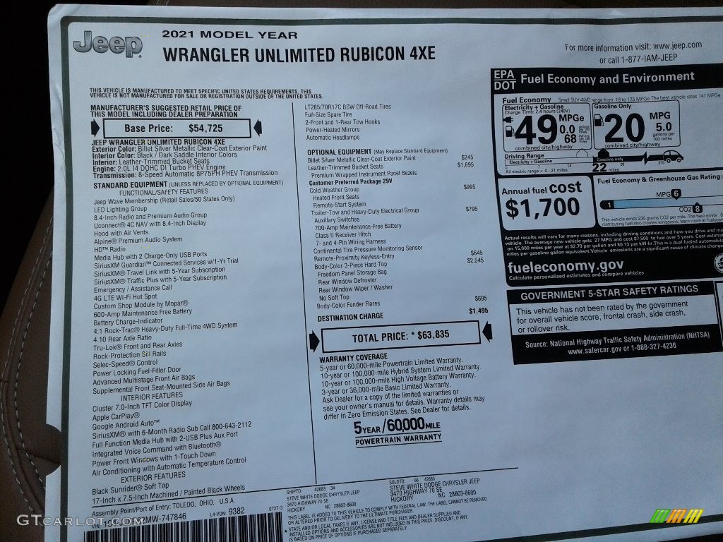 2021 Jeep Wrangler Unlimited Rubicon 4xe Hybrid Window Sticker Photo #142709636